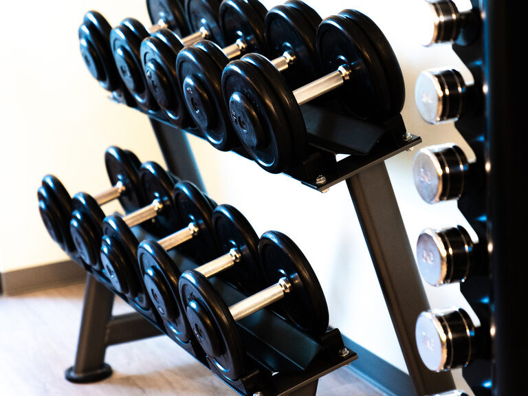verschiedene hantel mit gewichten auf dem ständer